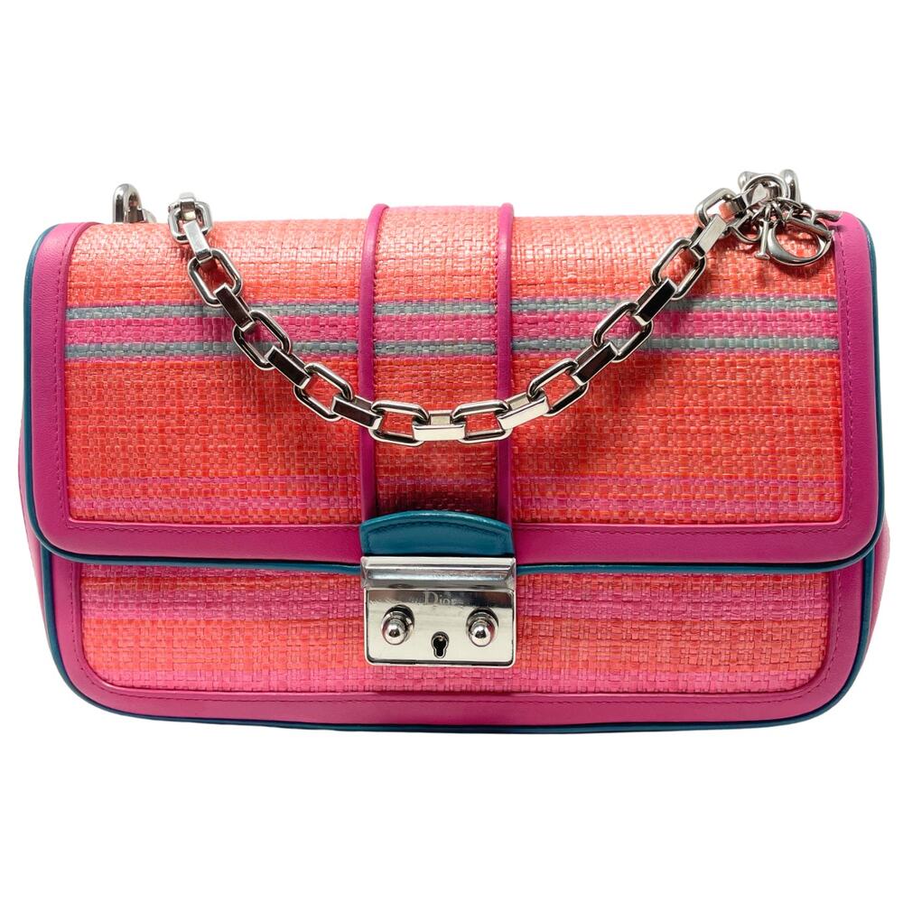 Christian Dior Bag Shoulder Purse Raffia Wicker Leather Pink Blue Silver Chain